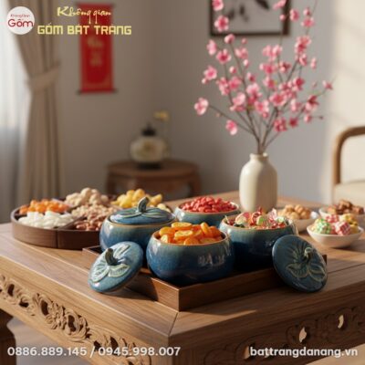 Cận cảnh bộ 4 hộp mứt men hỏa biến xanh dáng bí...