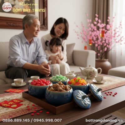 cận cảnh bộ 4 hộp mứt men hỏa biến xanh dáng bí...