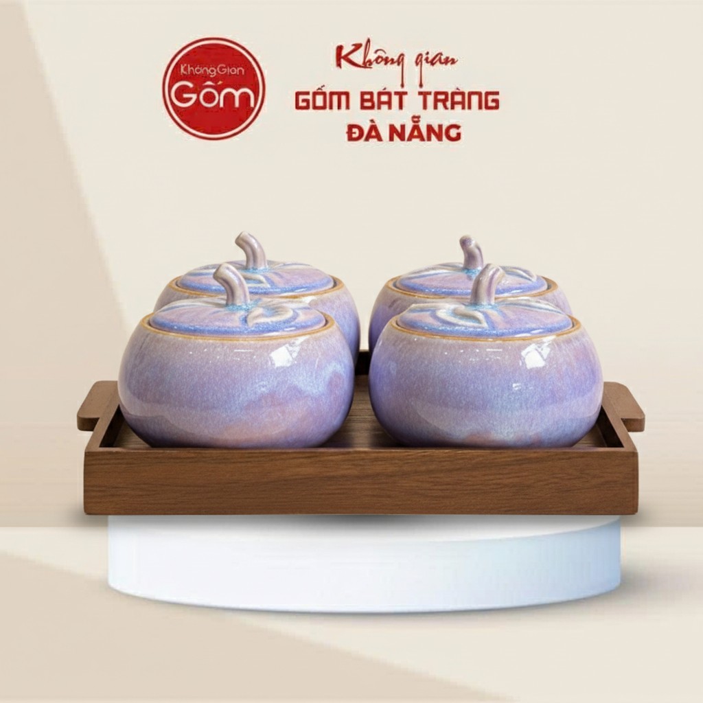 Bộ 4 Hũ Mứt Quả Bí Men Hỏa Biến Kèm Khay Gỗ BT-HM21