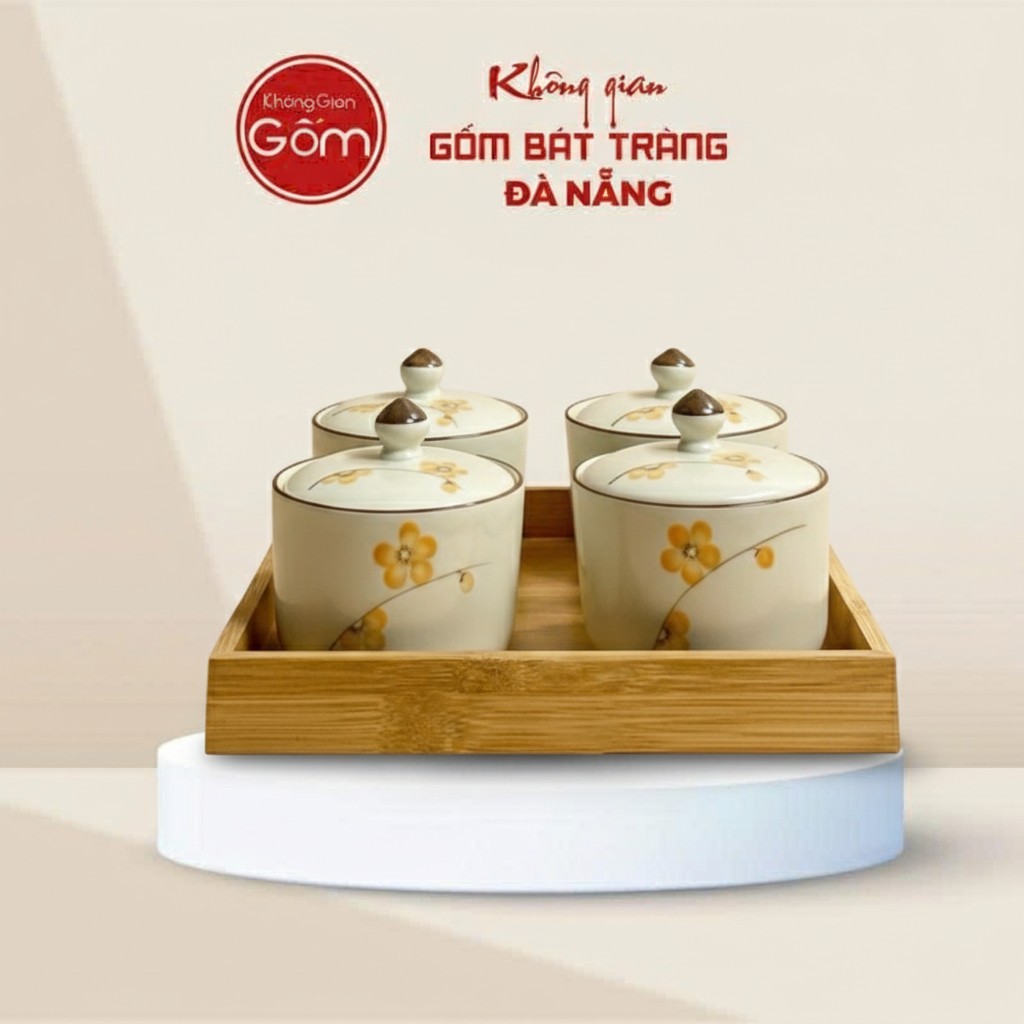 Bộ 4 Hũ Mứt Tết Sứ Trắng Họa Tiết Hoa Mai Bát Tràng BT-HM30