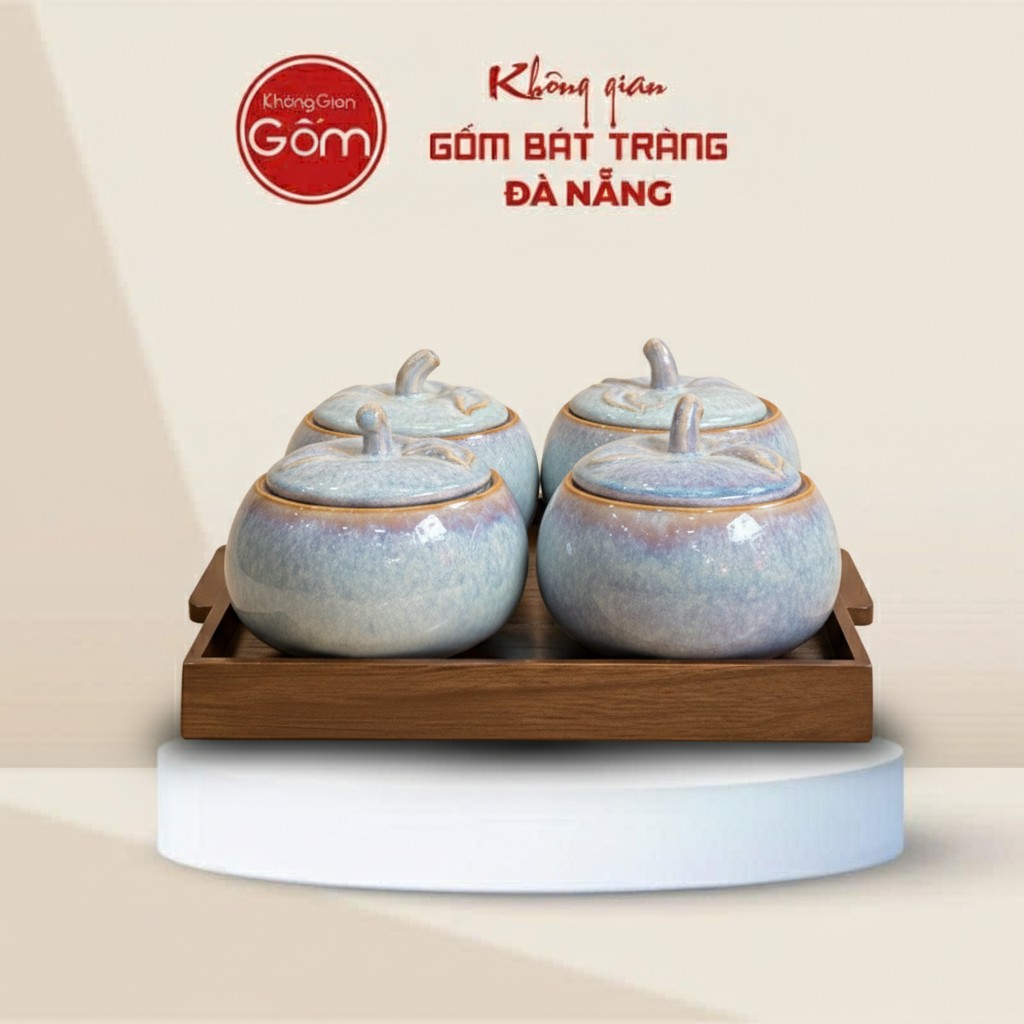 Bộ 4 Hũ Đựng Mứt Dáng Bí Men Hỏa Biến Kèm Khay Gỗ BT-HM23