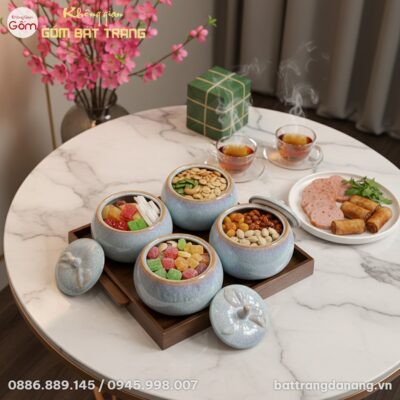 Góc nhìn từ trên xuống, bộ 4 hũ mứt men hỏa biế...