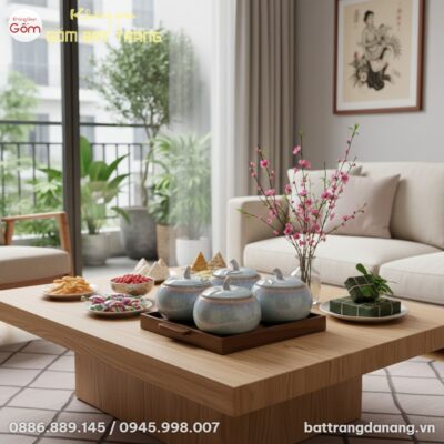 Toàn cảnh bộ 4 hũ đựng mứt dáng bí men hỏa biến...