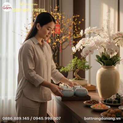 cận cảnh 1 phụ nữ Việt Nam trang phục ở nhà tha...