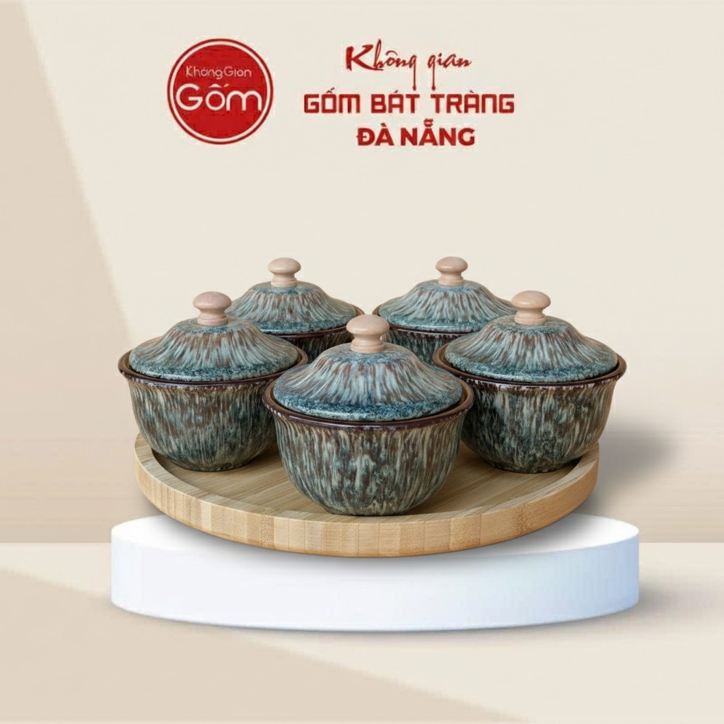 Bộ 5 Hũ Mứt Uyển Lam Men Hỏa Biến Kèm Khay Gỗ BT-HM31