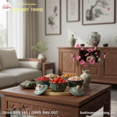 Bộ 5 hũ mứt gốm sứ men hỏa biến đặt trên bàn tr...