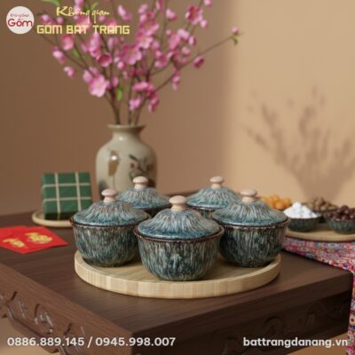 Cận cảnh bộ 5 hũ mứt men hỏa biến màu xanh rêu ...