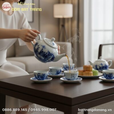 Bộ ấm chén gốm sứ men lam họa tiết trúc vẽ tay ...