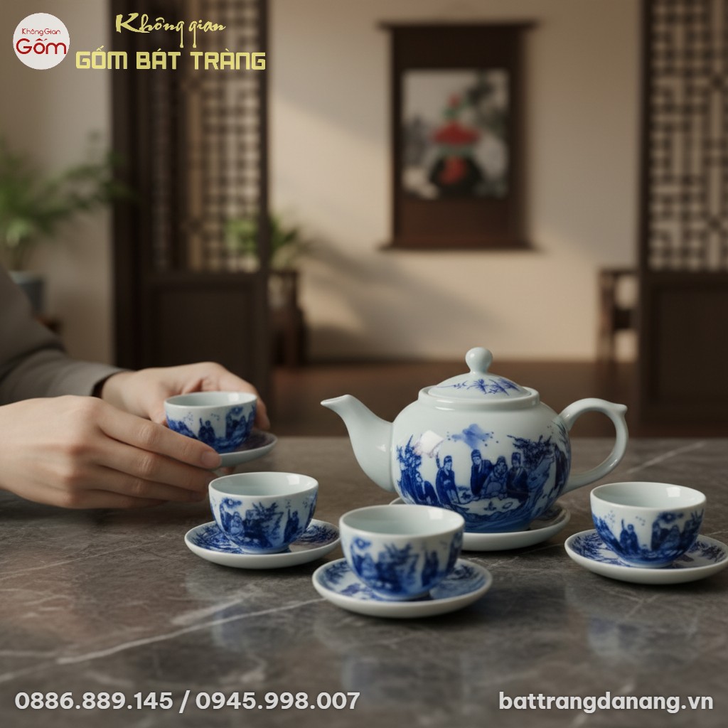Ảnh cận cảnh bộ ấm chén gốm sứ Bát Tràng men la...