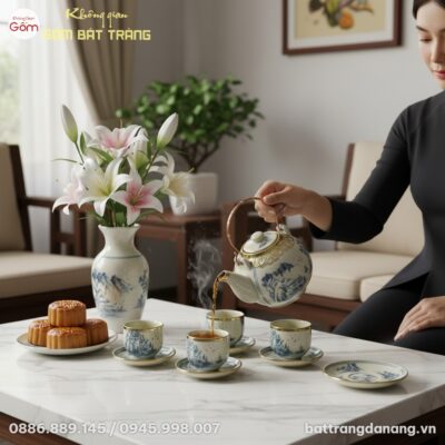 Bộ ấm chén Bát Tràng men rạn vẽ sơn thủy được đ...