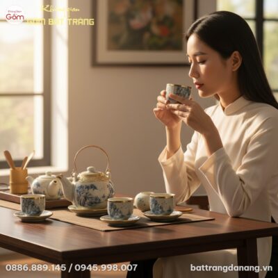 Cận cảnh bộ ấm chén Bát Tràng men rạn vẽ sơn th...