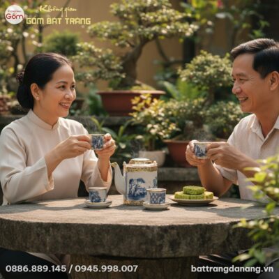 cận cảnh Bộ ấm tích men rạn Bát Tràng vẽ sơn th...