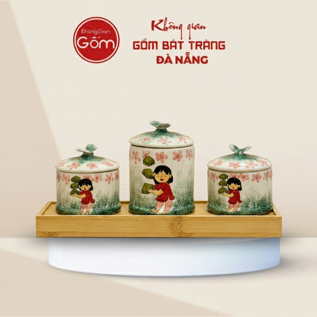 Bộ Khay Mứt Tết Gốm Sứ Vẽ Tay Cô Gái Chúc Xuân BT-HM40