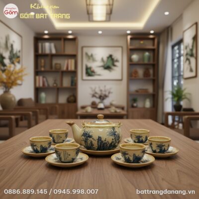 Cận cảnh bộ ấm trà men rạn Bát Tràng họa tiết t...