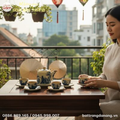 cận cảnh Bộ trà men rạn Bát Tràng đặt trên bàn ...