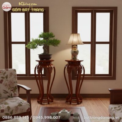 cặp đôn gỗ dáng sen nâu đỏ bóng đặt sát tường 2...