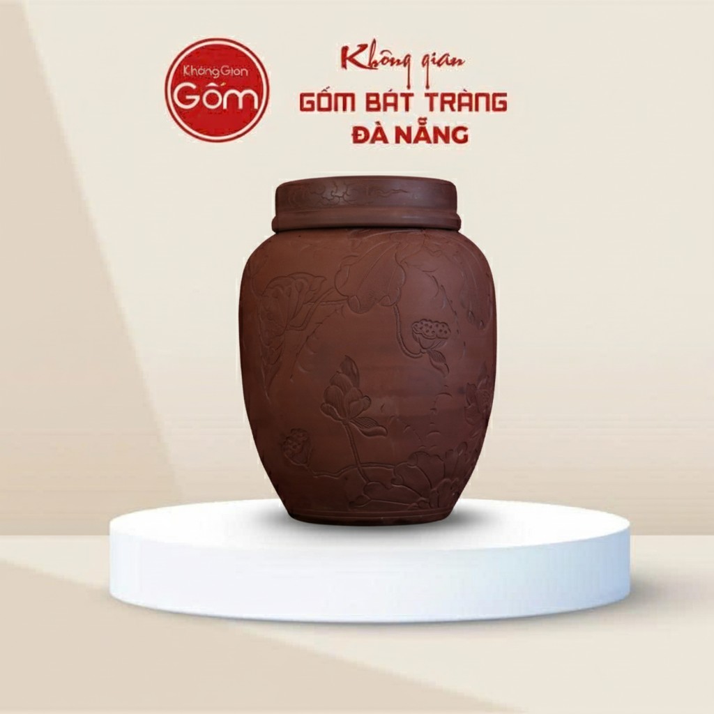 Chum Ngâm Rượu Gốm Nâu Khắc Họa Tiết Liên Hoa BT-CR12