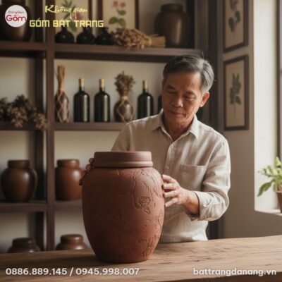 Chum ngâm rượu gốm sành 20 lít đặt trên đôn gỗ ...