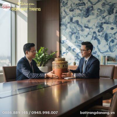 Hai đối tác kinh doanh lịch lãm trao đổi quà tặ...