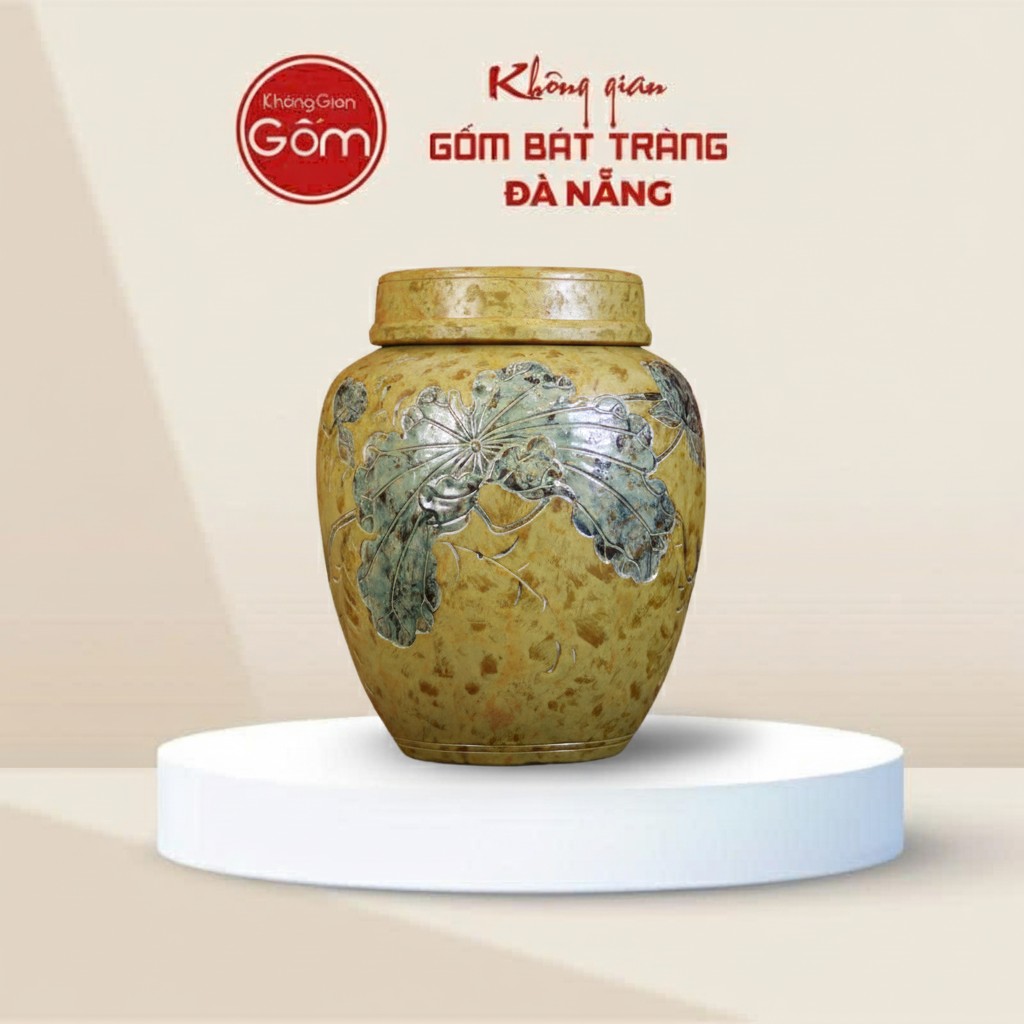 Chum Rượu Gốm Vàng Bát Tràng Họa Tiết Lá Sen BT-CR13
