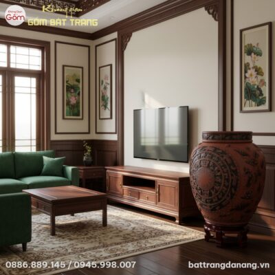 Cận cảnh chum rượu gốm Bát Tràng họa tiết trống...