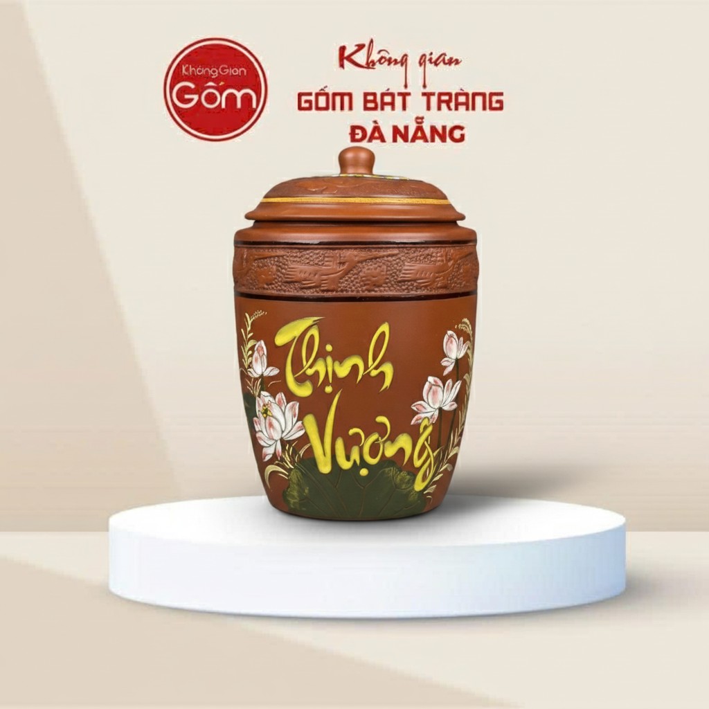 Chum Đựng Gạo Bát Tràng Thịnh Vượng Hoa Sen Vẽ Tay BT-HG12