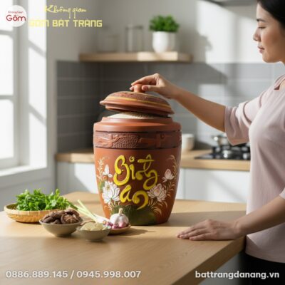 cận cảnh Chum đựng gạo 'Bình An' hoa sen kích c...