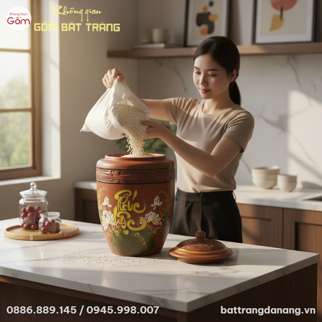 Cận cảnh chum đựng gạo "Phúc Lộc" hoa sen gốm B...