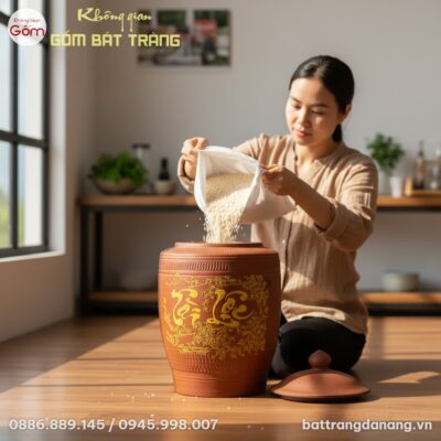 Một hũ gạo gốm mộc Bát Tràng 20L với chữ 'Tài L...