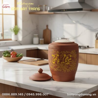 Hũ gạo gốm Bát Tràng 30L vững chãi trên đảo bếp...