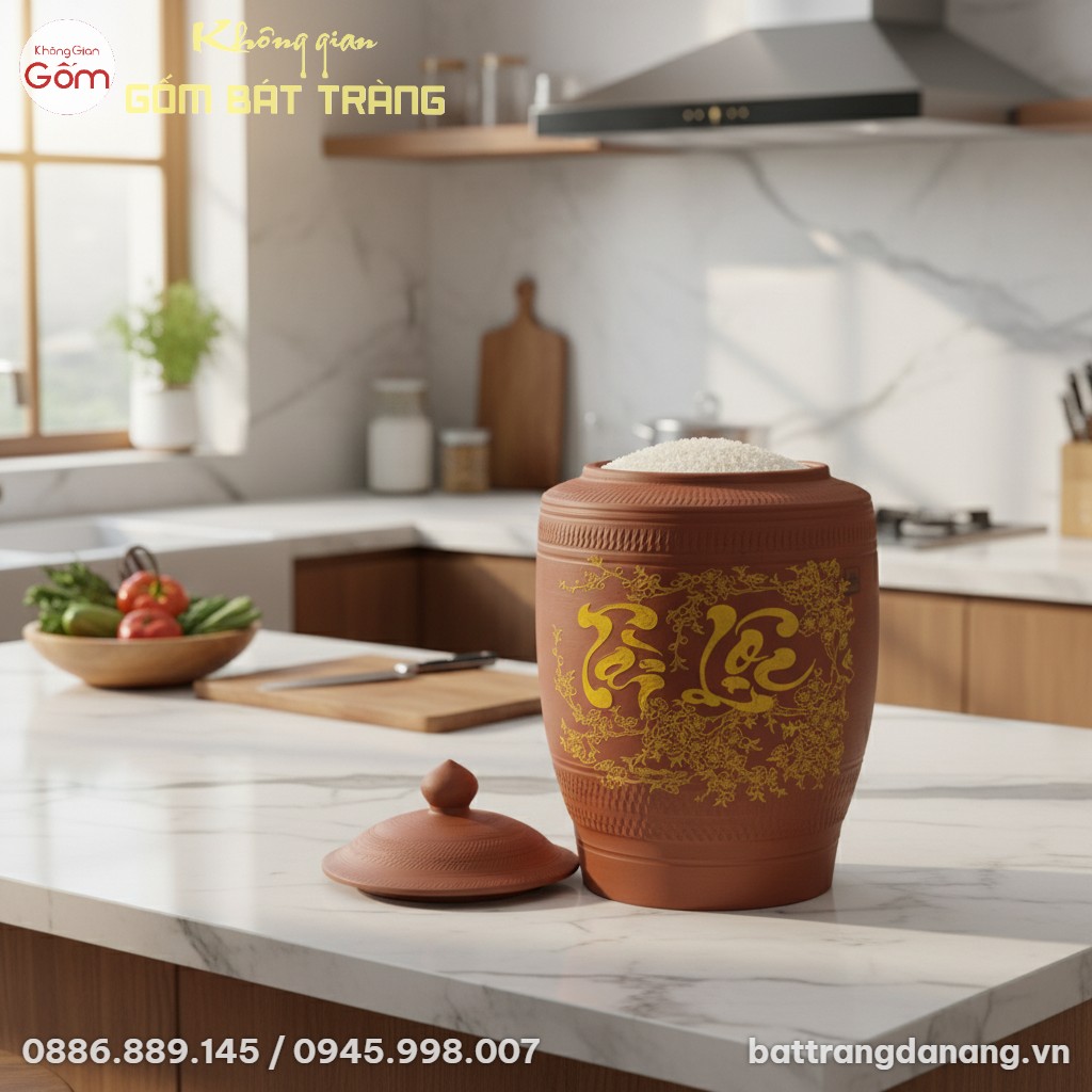 Hũ gạo gốm Bát Tràng 30L vững chãi trên đảo bếp...