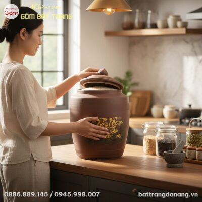 cận cảnh hũ gạo gốm Bát Tràng (cỡ lớn, đựng kho...
