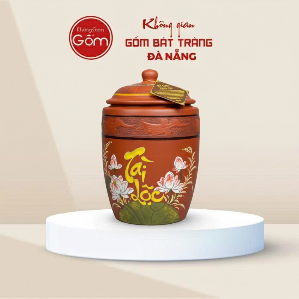 Hũ Đựng Gạo Bát Tràng Tài Lộc Hoa Sen Vẽ Tay BT-HG11