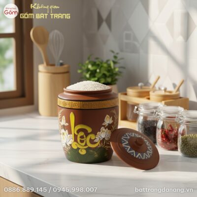 Cận cảnh hũ đựng gạo gốm Bát Tràng chữ Lộc hoa ...