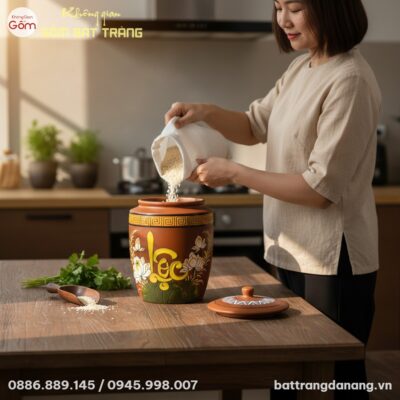 Hũ đựng gạo gốm Bát Tràng chữ Lộc hoa sen đặt t...
