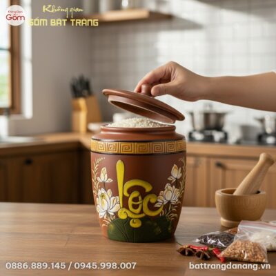 Hũ đựng gạo gốm Bát Tràng chữ Lộc hoa sen đặt t...