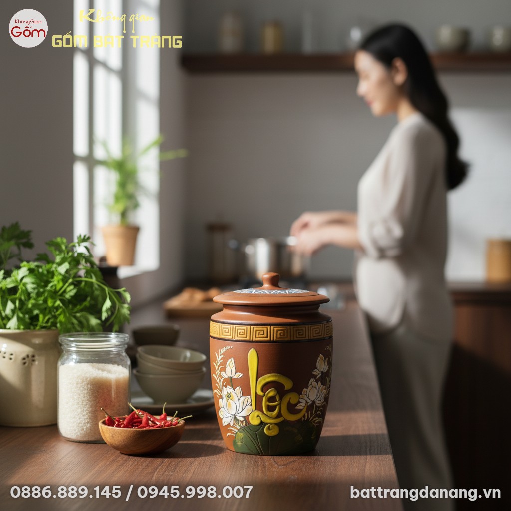 Hũ đựng gạo gốm Bát Tràng chữ Lộc hoa sen đặt t...