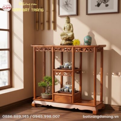 Kệ gỗ chạm khắc 80cm trưng bày gốm Bát Tràng ti...