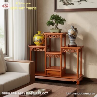 Kệ Tam Cấp Gỗ BT-DG03 màu nâu đỏ với chạm khắc ...