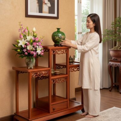 cận cảnh Kệ Tam Cấp Gỗ BT-DG03 màu nâu đỏ với h...