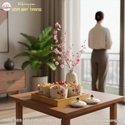 Khay mứt Tết Bát Tràng men trắng đào đỏ trang t...