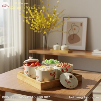 Khay mứt Tết Bát Tràng men trắng đào đỏ trên bà...