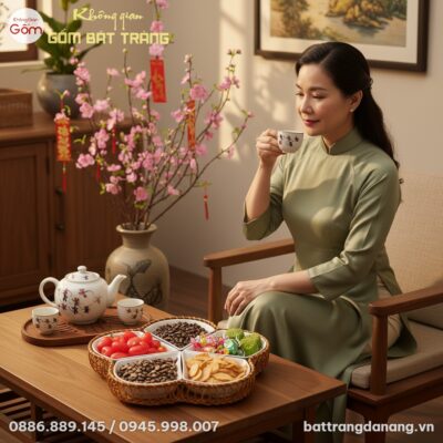 Một khay mứt Tết Bát Tràng dáng cánh hoa men sứ...