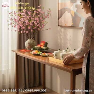 Khay mứt gốm sứ hoa sen Bát Tràng đặt trang nhã...