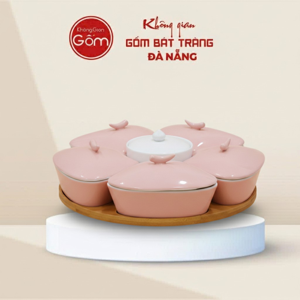 Khay Mứt Tết Sứ Hồng Phấn Kèm Khay Gỗ Bát Tràng BT-HM37