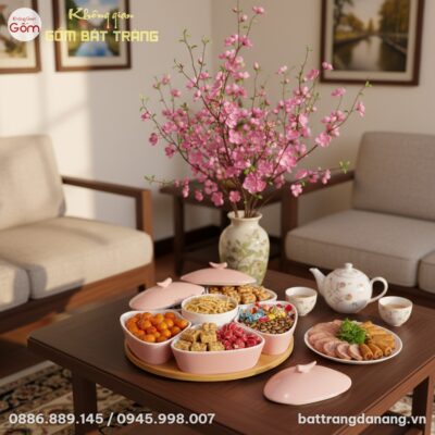 Khay mứt sứ hồng phấn trên bàn trà gỗ hiện đại,...