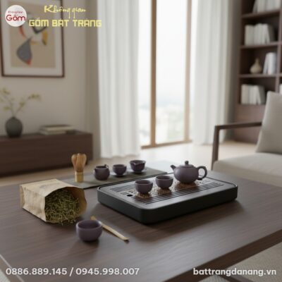 góc chụp từ trên cao xuống cận cảnh Khay trà gỗ...