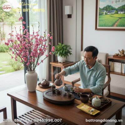 Khay trà gỗ BT-KT06 đặt trang trọng trên một ch...