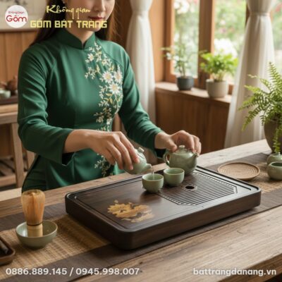 Một khay trà gỗ hoa sen 30x50cm được đặt trên b...