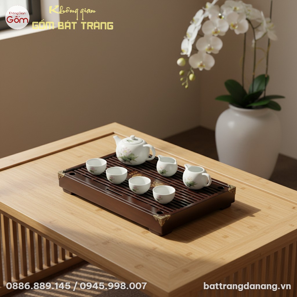 góc chụp trên cao xuống, cận cảnh Khay trà gỗ S...
